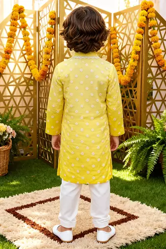Yellow embroidered chanderi kurta pyjama
