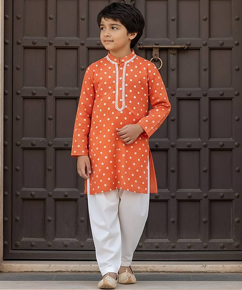 Orange embroidered chanderi kurta pyjama