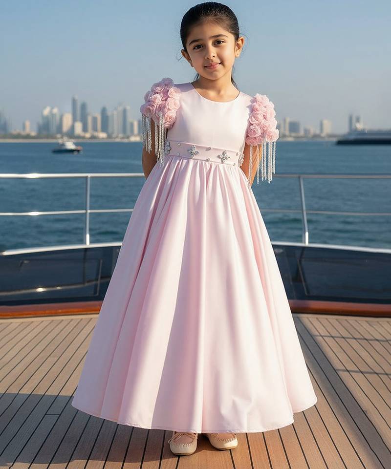 Pink embroidered satin dress