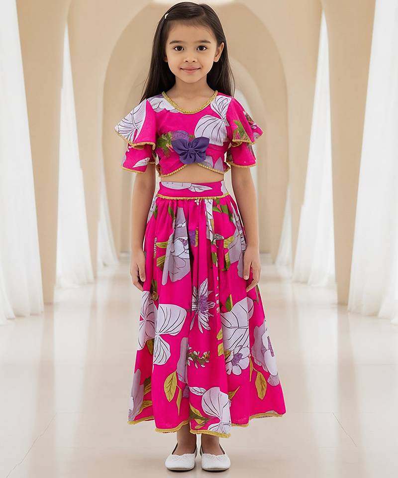 Pink printed cotton lehenga set