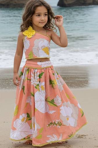 Orange printed cotton lehenga set