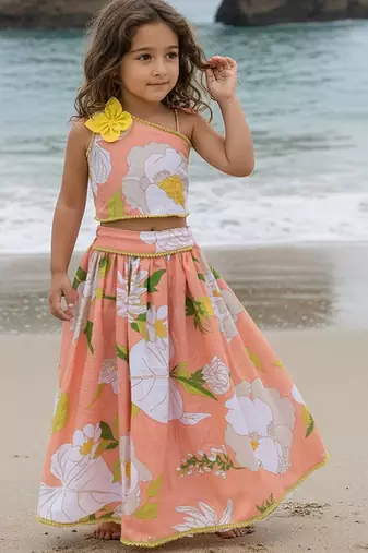 Orange printed cotton lehenga set