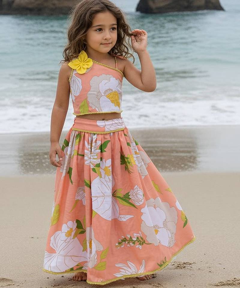 Orange printed cotton lehenga set