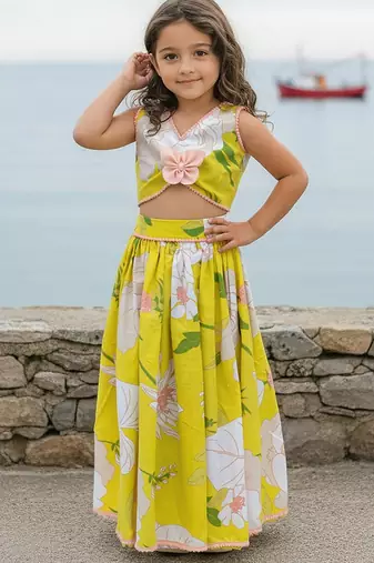 Yellow printed cotton lehenga set