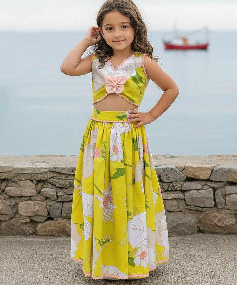 Yellow printed cotton lehenga set