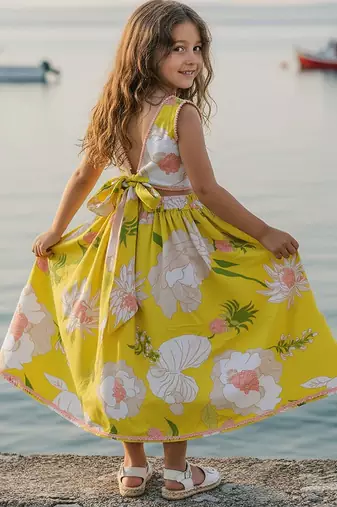 Yellow printed cotton lehenga set