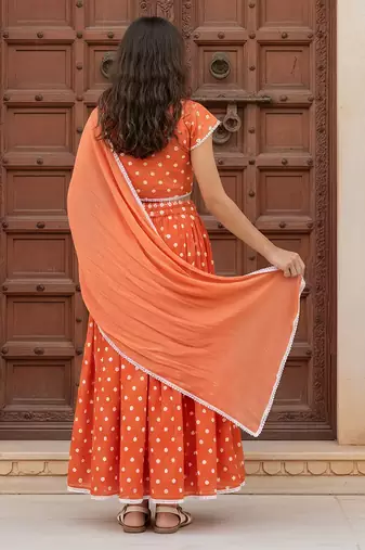 Orange embroidered chanderi lehenga set