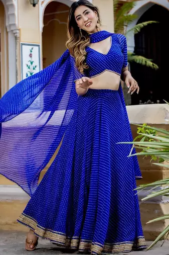 BLUE GEORGETTE Bandhani LACE LEHENGA & BLOUSE AND DUPATTA