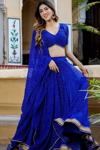 BLUE GEORGETTE Bandhani LACE LEHENGA & BLOUSE AND DUPATTA