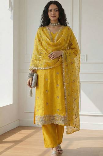 Yellow shimmer organza embroidered party wear suit