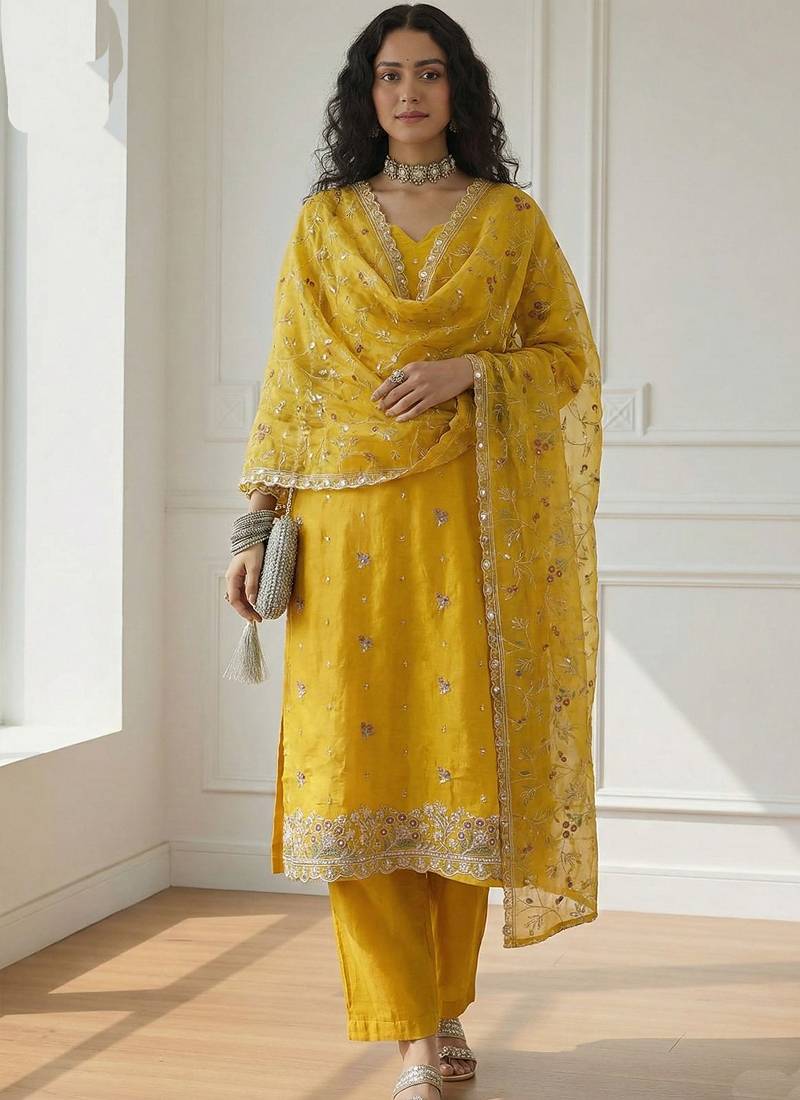Yellow shimmer organza embroidered party wear suit