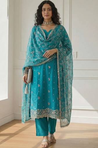 Sky blue shimmer organza embroidered party wear suit