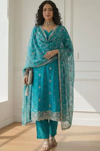 Sky blue shimmer organza embroidered party wear suit