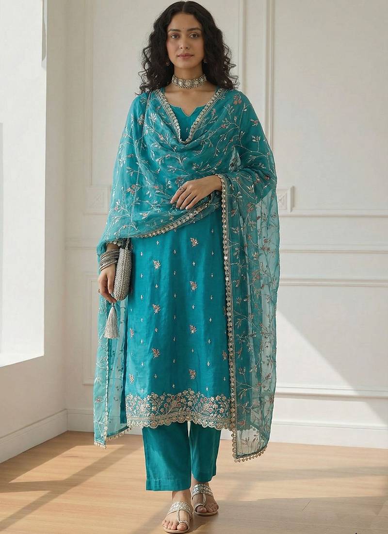 Sky blue shimmer organza embroidered party wear suit