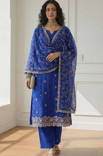 Blue shimmer organza embroidered party wear suit