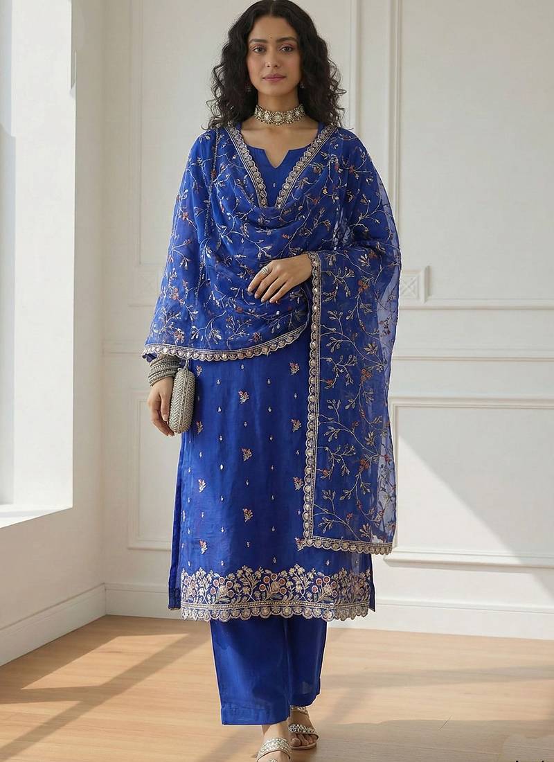 Blue shimmer organza embroidered party wear suit