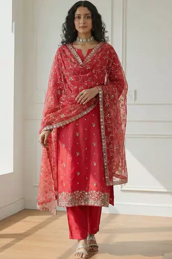 Red shimmer organza embroidered party wear suit