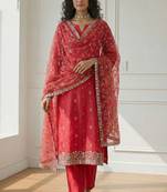 Red shimmer organza embroidered party wear suit