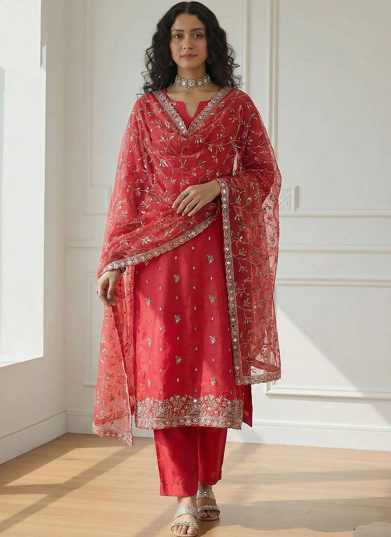 Red shimmer organza embroidered party wear suit