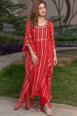 Red viscose hand work kaftan and inner and pant 1