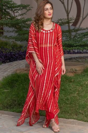 Red viscose hand work kaftan and inner and pant