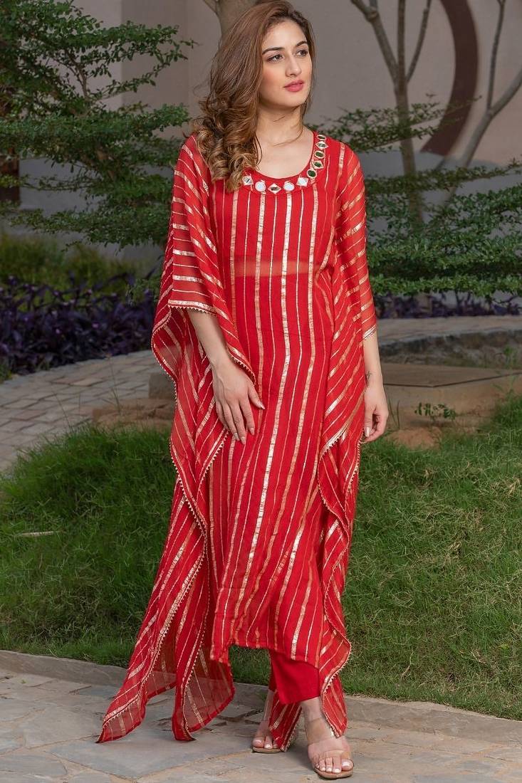 Red viscose hand work kaftan and inner and pant