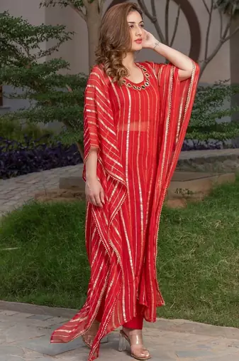 Red viscose hand work kaftan and inner and pant