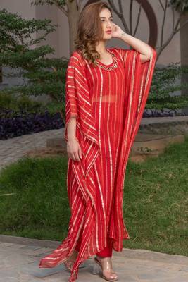 Red viscose hand work kaftan and inner and pant 5