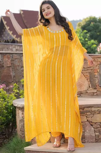 Yellow viscose hand work kaftan and inner and pant set