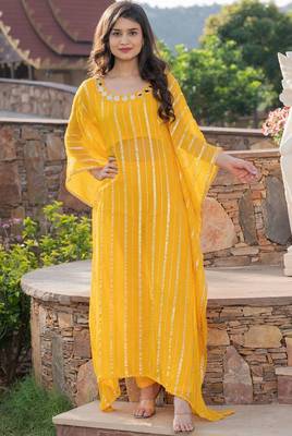 Yellow viscose hand work kaftan and inner and pant set 2