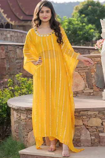 Yellow viscose hand work kaftan and inner and pant set