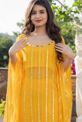 Yellow viscose hand work kaftan and inner and pant set 3