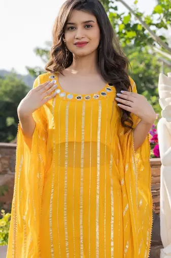 Yellow viscose hand work kaftan and inner and pant set