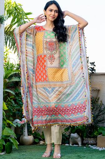 Multi muslin mirror and stone work kaftan and inner and pant