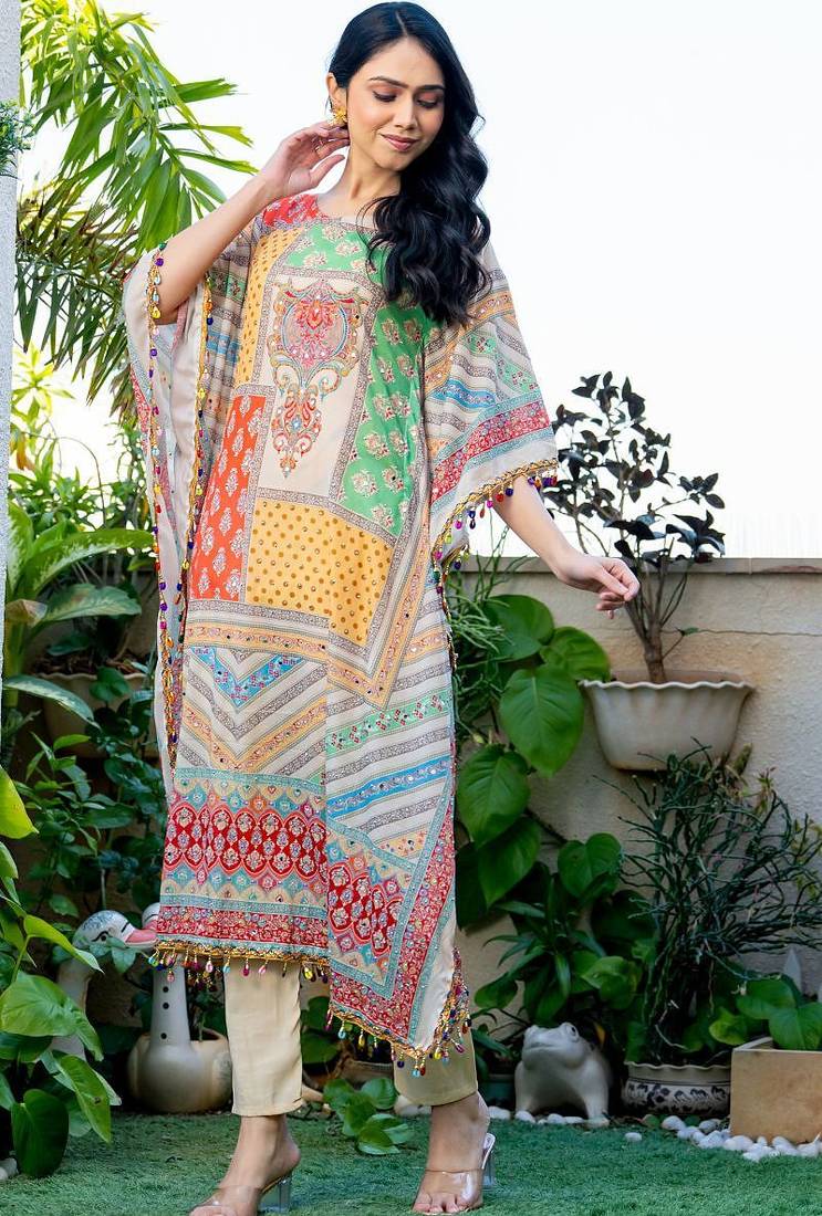 Multi muslin mirror and stone work kaftan and inner and pant