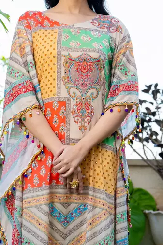 Multi muslin mirror and stone work kaftan and inner and pant