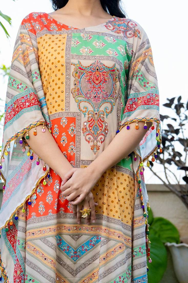 Multi muslin mirror and stone work kaftan and inner and pant