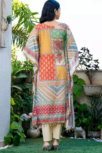Multi muslin mirror and stone work kaftan and inner and pant