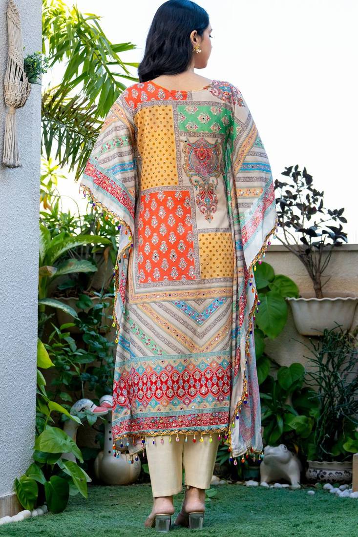 Multi muslin mirror and stone work kaftan and inner and pant