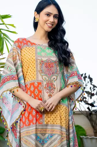 Multi muslin mirror and stone work kaftan and inner and pant