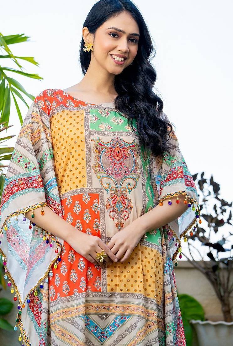 Multi muslin mirror and stone work kaftan and inner and pant