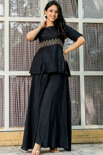 Black maslin hand work kurta and sharara set