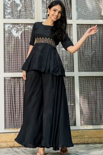 Black maslin hand work kurta and sharara set