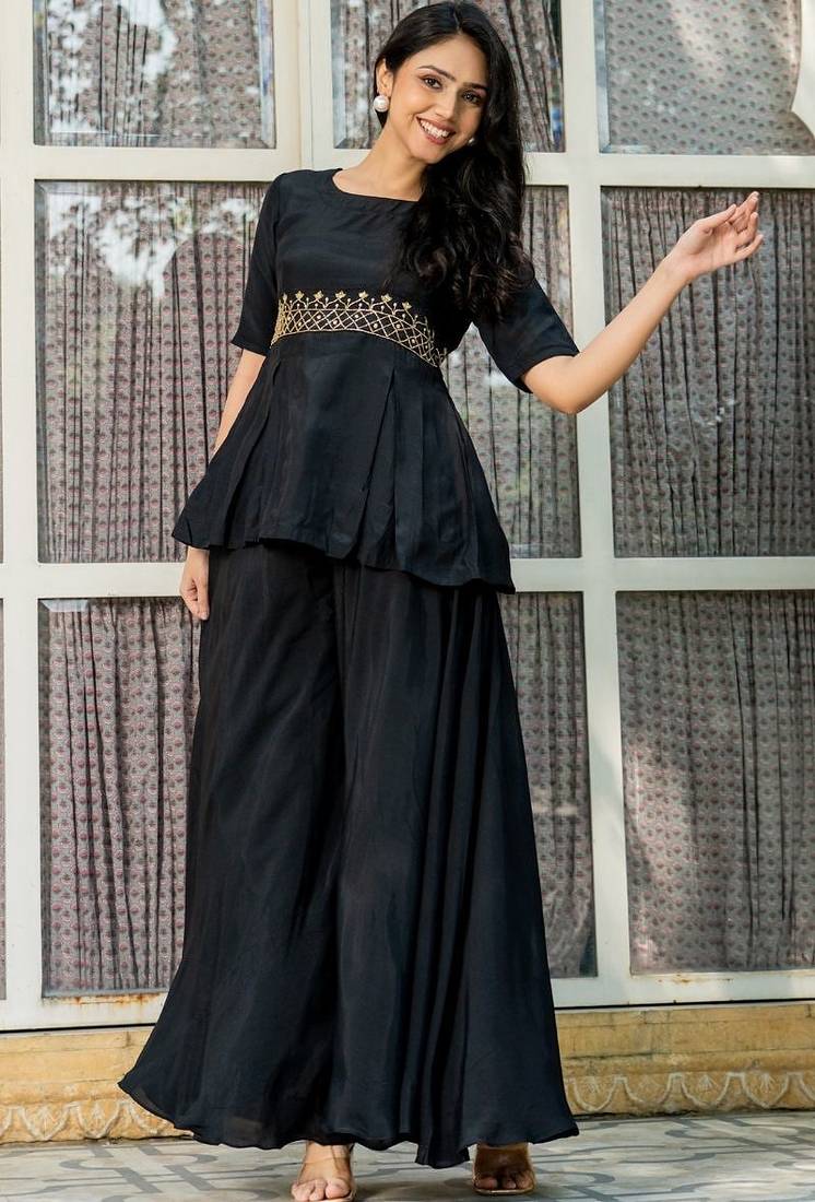 Black maslin hand work kurta and sharara set