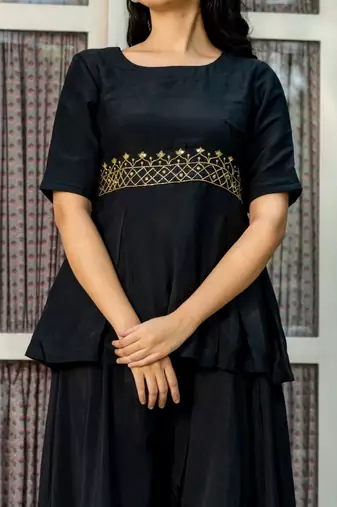 Black maslin hand work kurta and sharara set