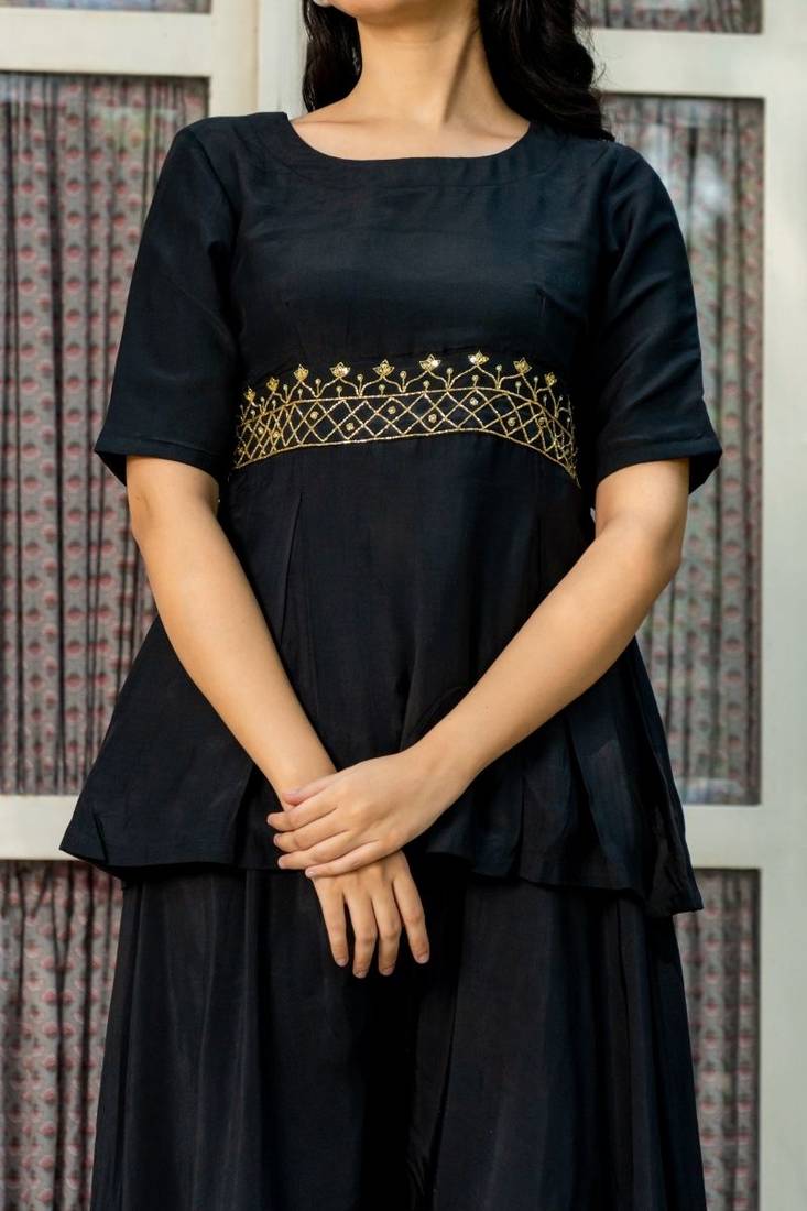 Black maslin hand work kurta and sharara set