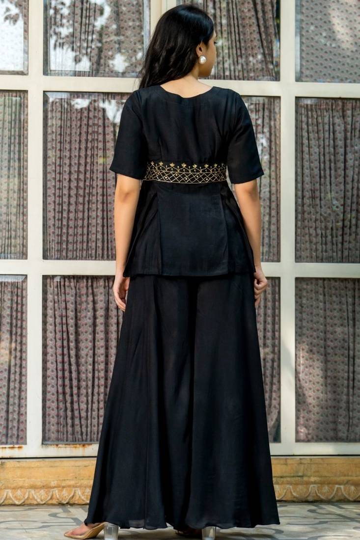 Black maslin hand work kurta and sharara set