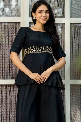 Black maslin hand work kurta and sharara set