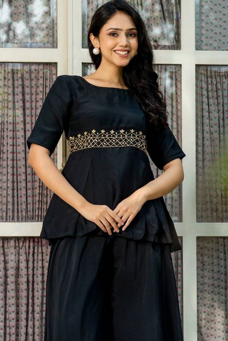 Black maslin hand work kurta and sharara set