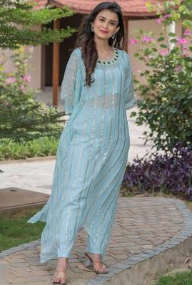 Sky blue hand mirror work kaftan and pant and inner 1